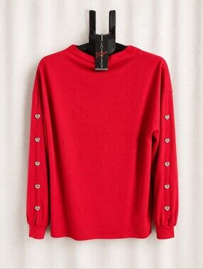 NWT Love & Lace XL Red Knit Sweater Heart Rhinestone Button Sleeves